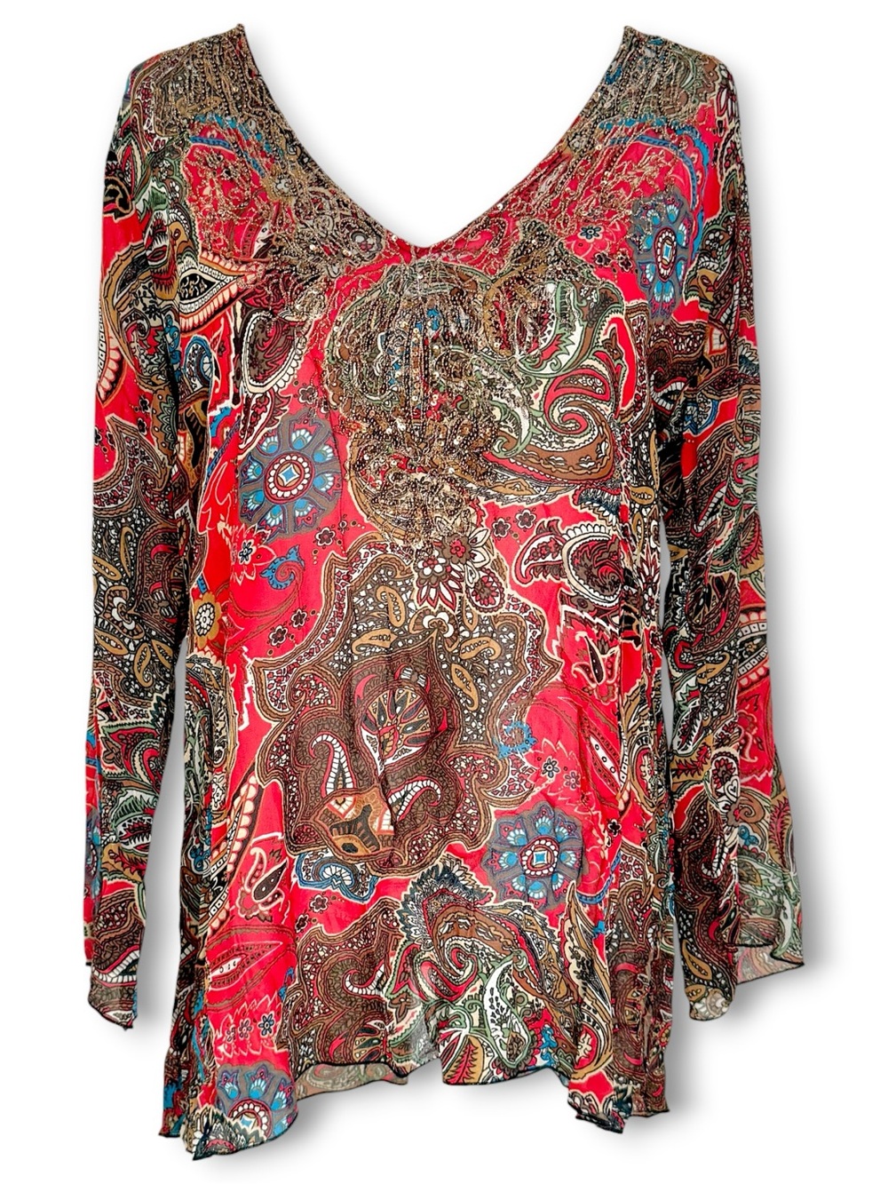 Chico's SILK Paisley Beaded Sequin Mesh Tunic Top L Boho Art to Wear Red V Neck